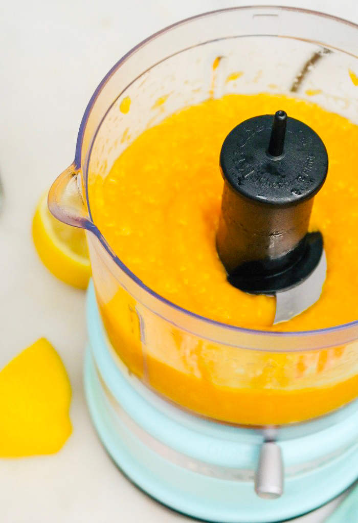 Mango puree in a food processor.