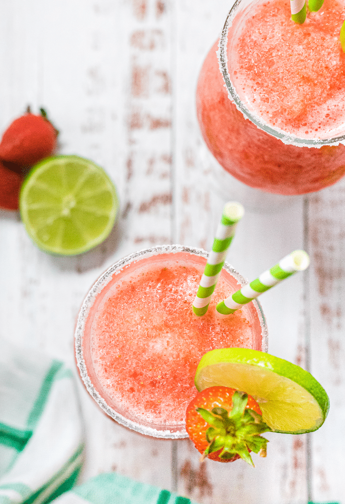 Top view of strawberry daiquiri ready to drink.