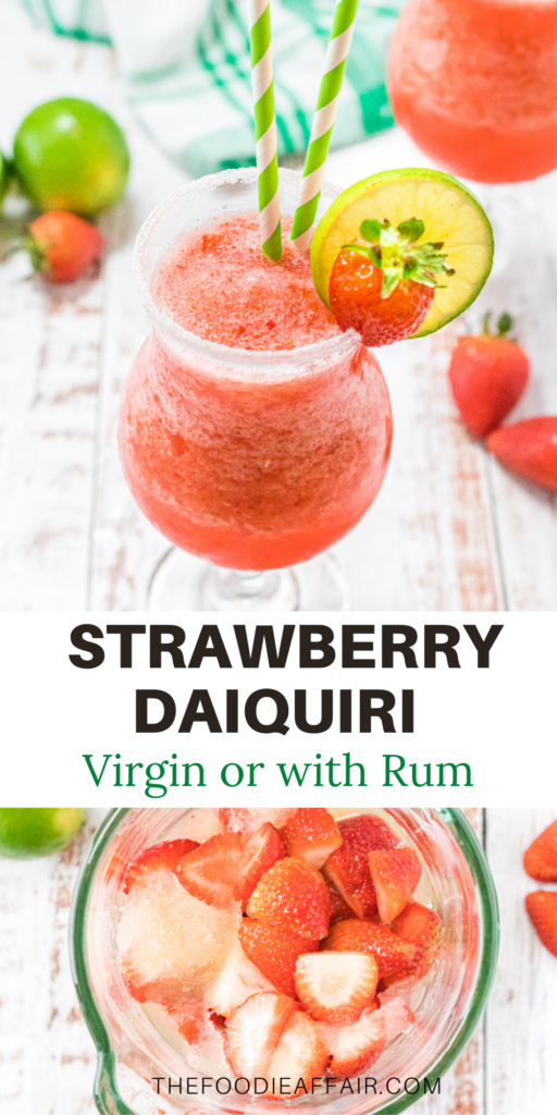 Virgin strawberry daiquiri with three ingredients. Refreshing and easy to make, but it you want a little rum, so ahead and turn this to an adult slushy! #beverage #virgin #daiquiri 