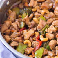 Skillet with cooked teriyaki chicken stir fry ready to serve.