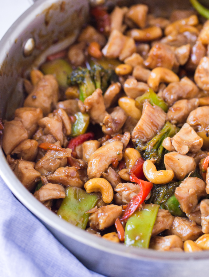 Skillet with cooked teriyaki chicken stir fry ready to serve.