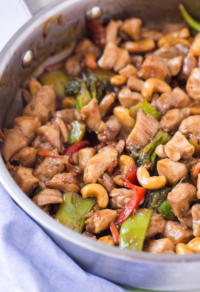 Skillet with cooked teriyaki chicken stir fry ready to serve.