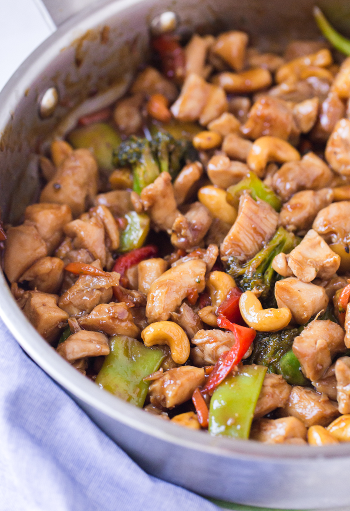 Skillet with cooked teriyaki chicken stir fry ready to serve. 