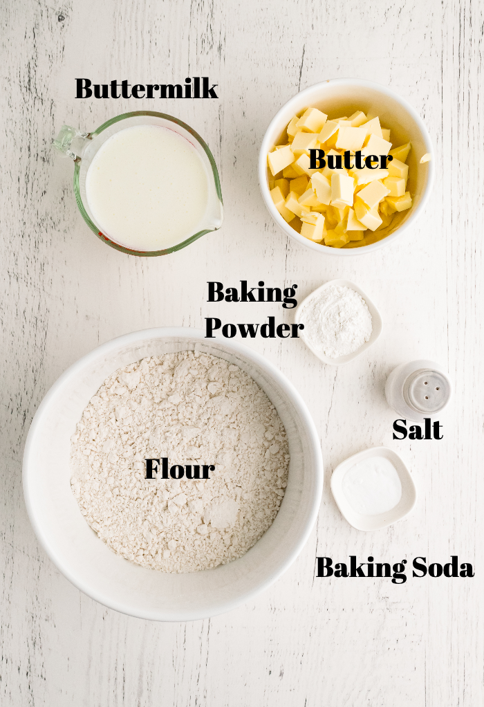 Ingredients needed to make homemade biscuits.