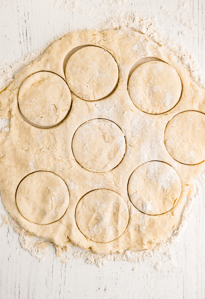 Dough cut into circles to bake biscuits. 