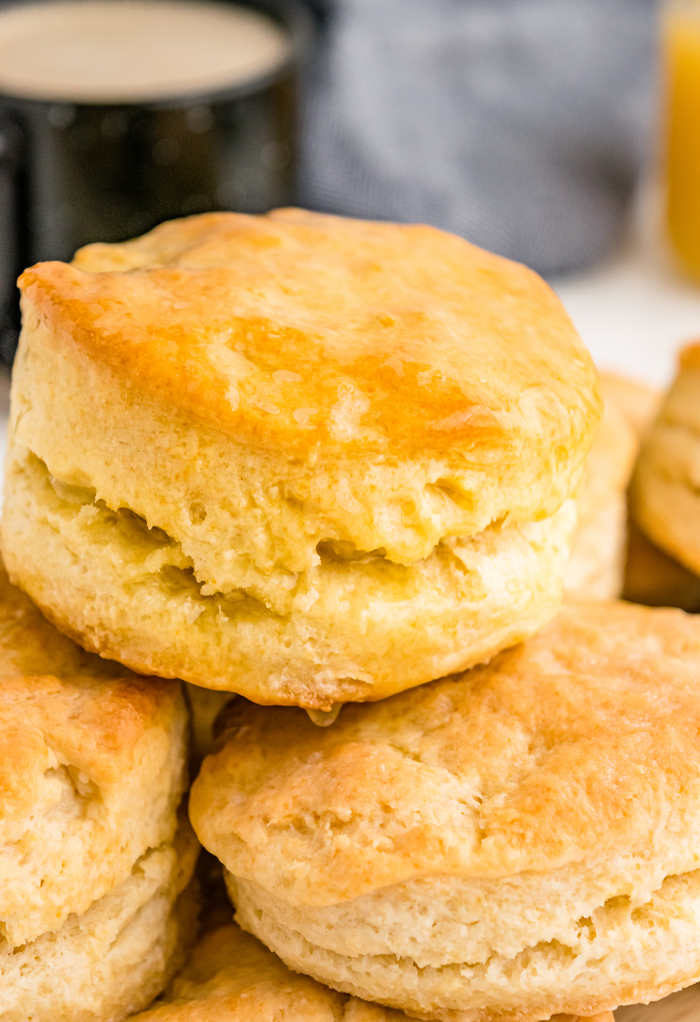 Close view of fresh baked buttermilk biscuits.