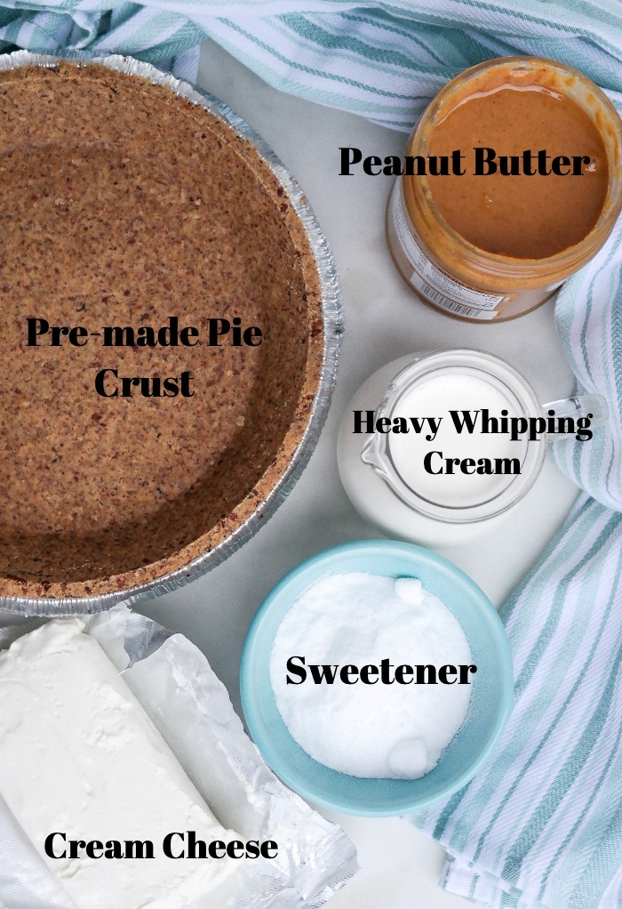 Ingredients needed to make a peanut butter pie. 