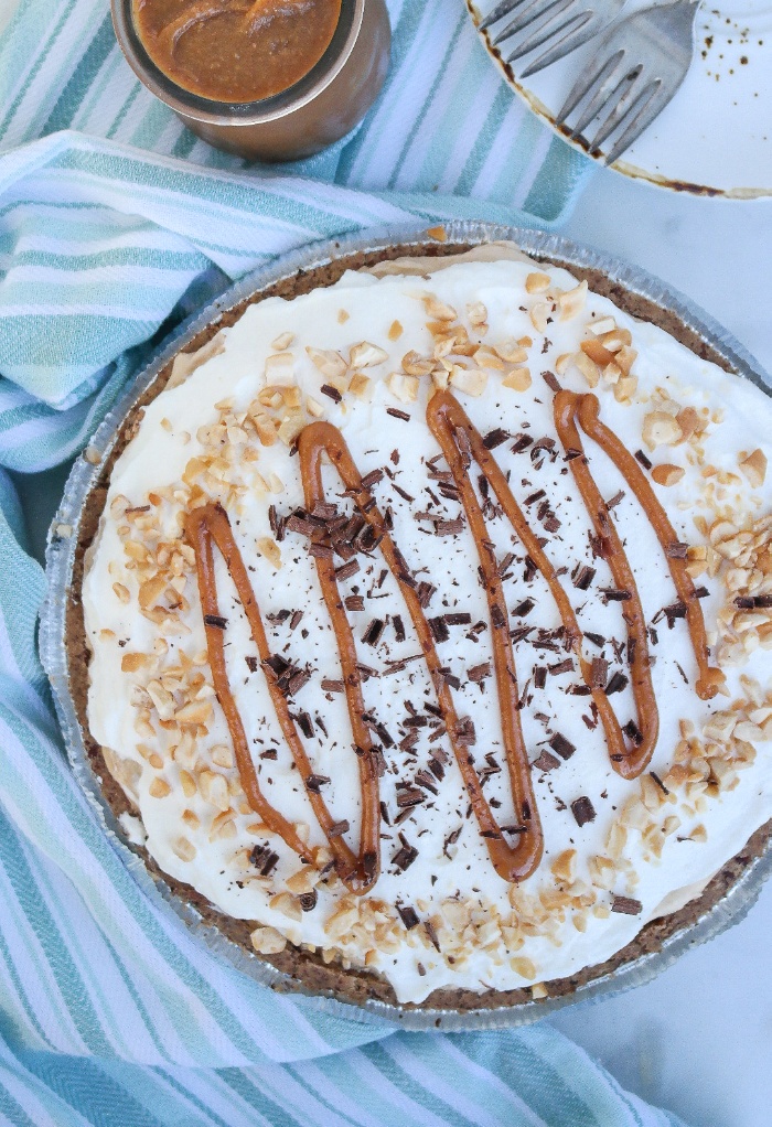Overhead view of a no bake peanut butter pie. 