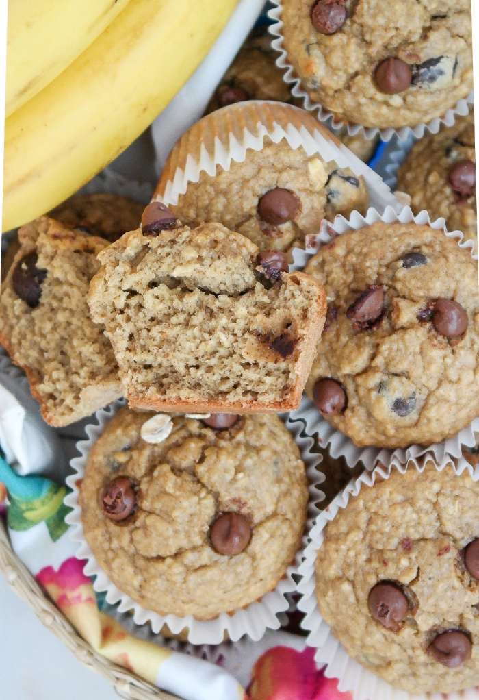 Overhead view of baked gluten free muffins with chocolate chips.