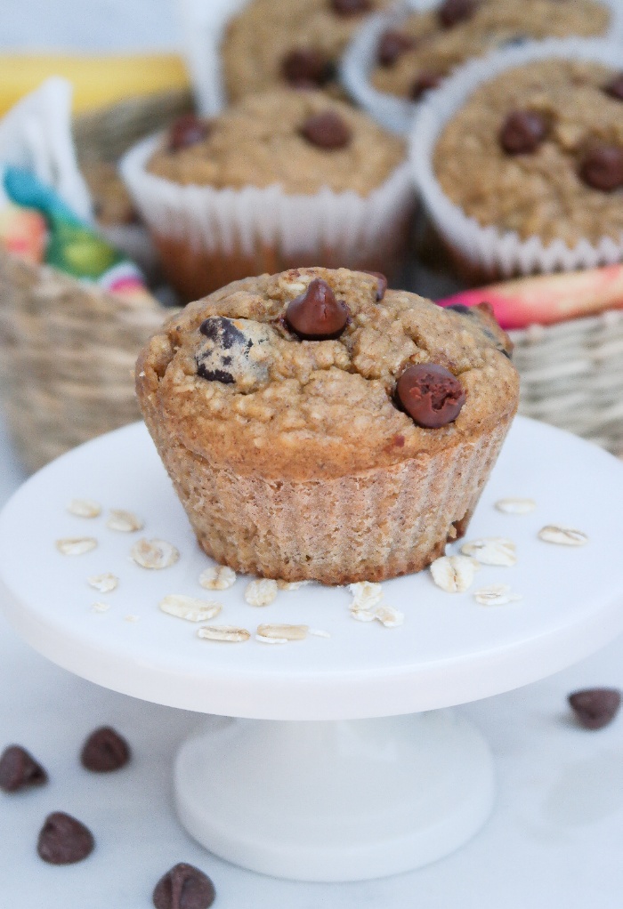 Sugar Free muffin on a white cupcake stand.