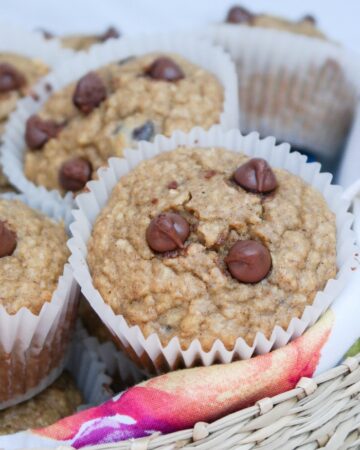 Muffins in a tan basket.