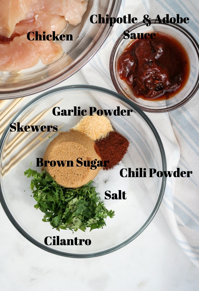 Ingredients for chipotle chicken marinade for chicken skewers.