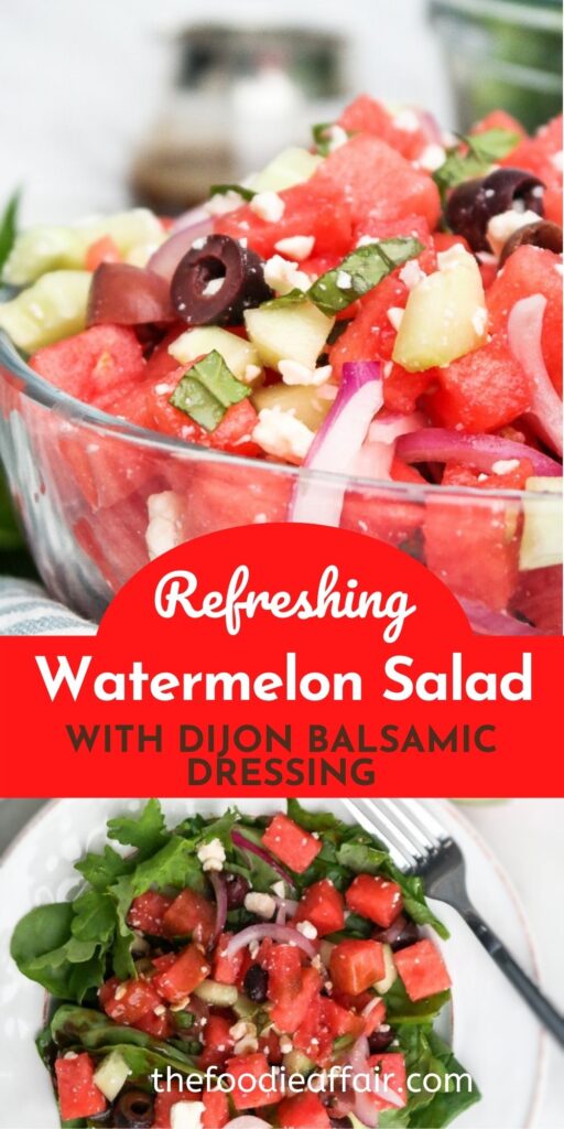 Refreshing watermelon salad over a bed of greens lightly dressed in homemade dijon balsamic salad dressing. #salad #watermelon #EasyRecipe 