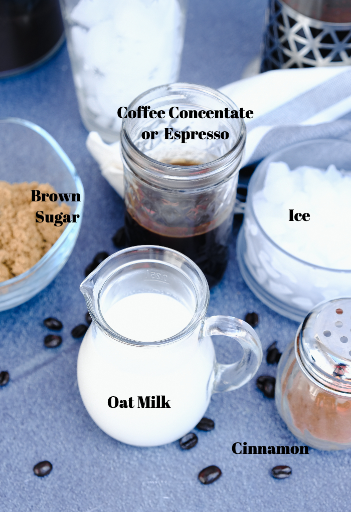 Ingredients to make brown sugar oat milk shaken espresso.