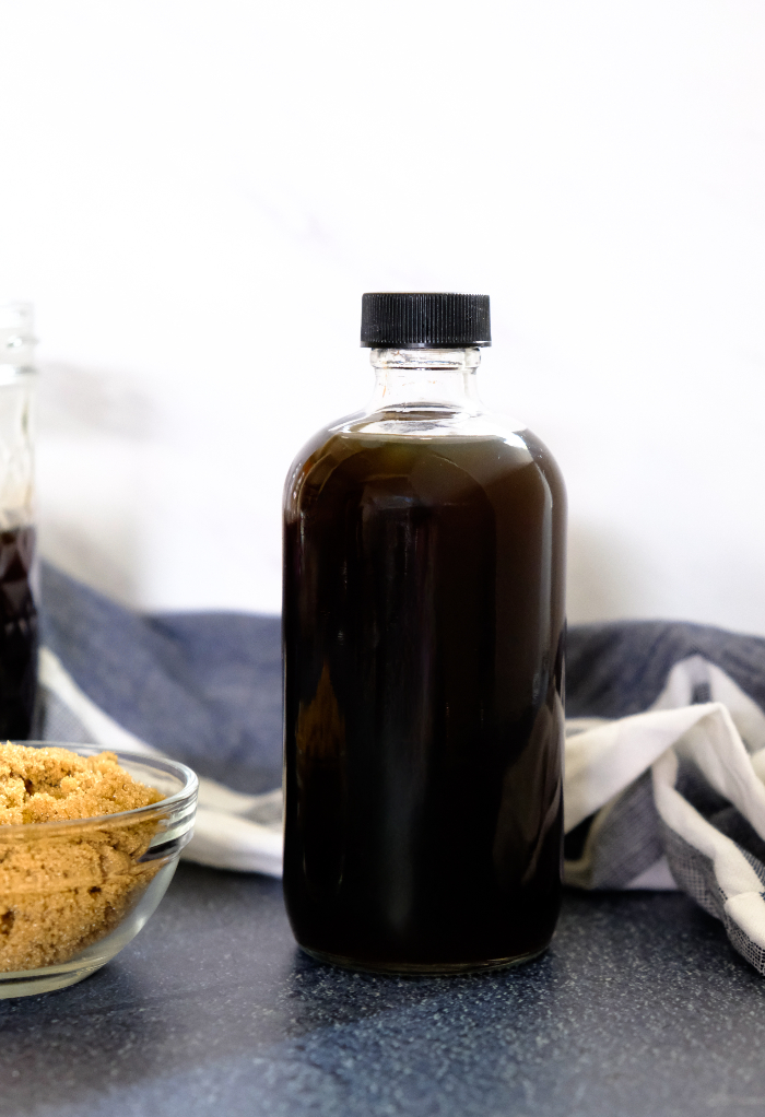 Brown sugar syrup in a glass jar for beverages.