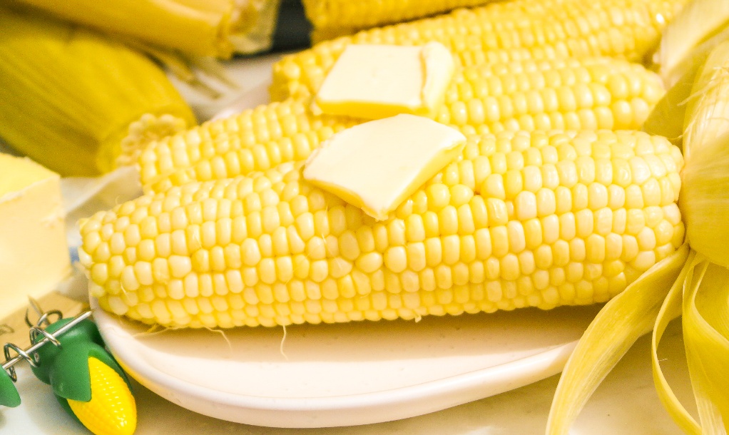 Fresh corn on a serving plate ready to eat. 