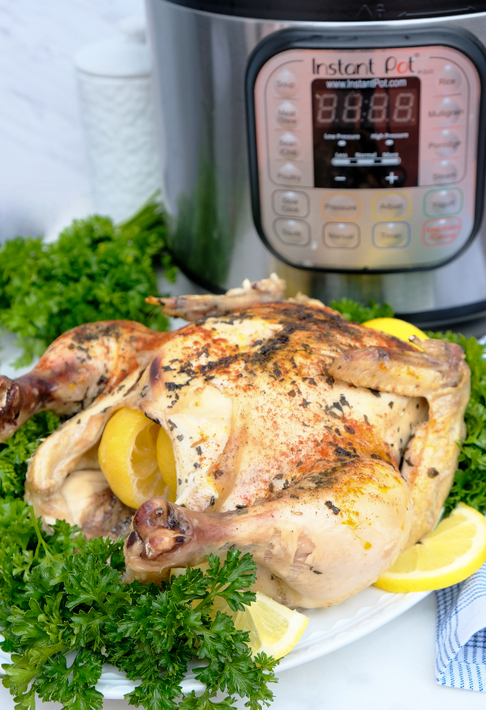 Whole chicken on a white serving plate made in an Instant Pot.