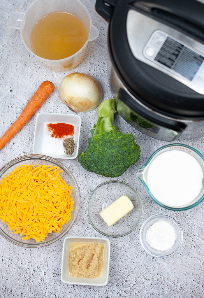 Ingredients for Keto broccoli cheese soup in an Instant Pot. 