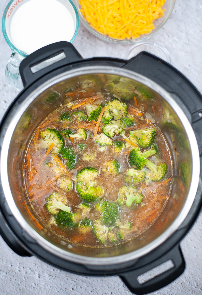 Broccoli cheese soup in an Instant Pot before adding the cream and cheese.