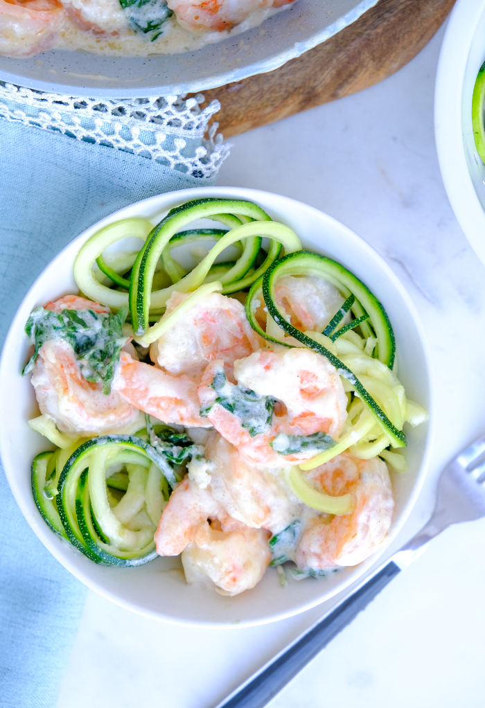 Keto shrimp over zucchini noodles.