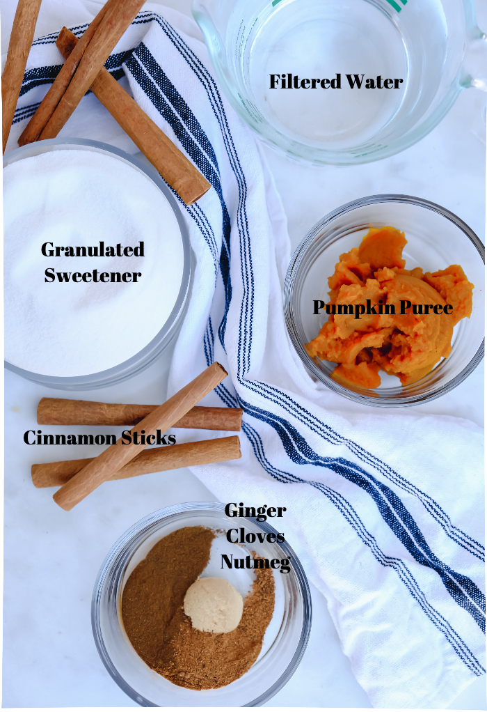 Ingredients for pumpkin spice syrup recipe.