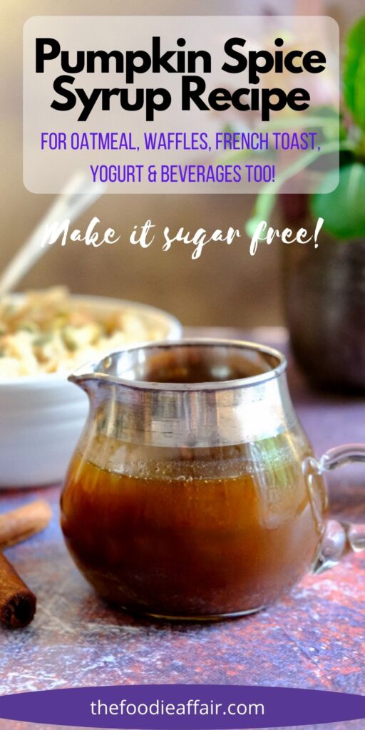 Pumpkin spice syrup recipe for beverages from lattes to cocktails. Also is a delicious topping over ice cream and pancakes. #pumpkin #Fall #Recipe