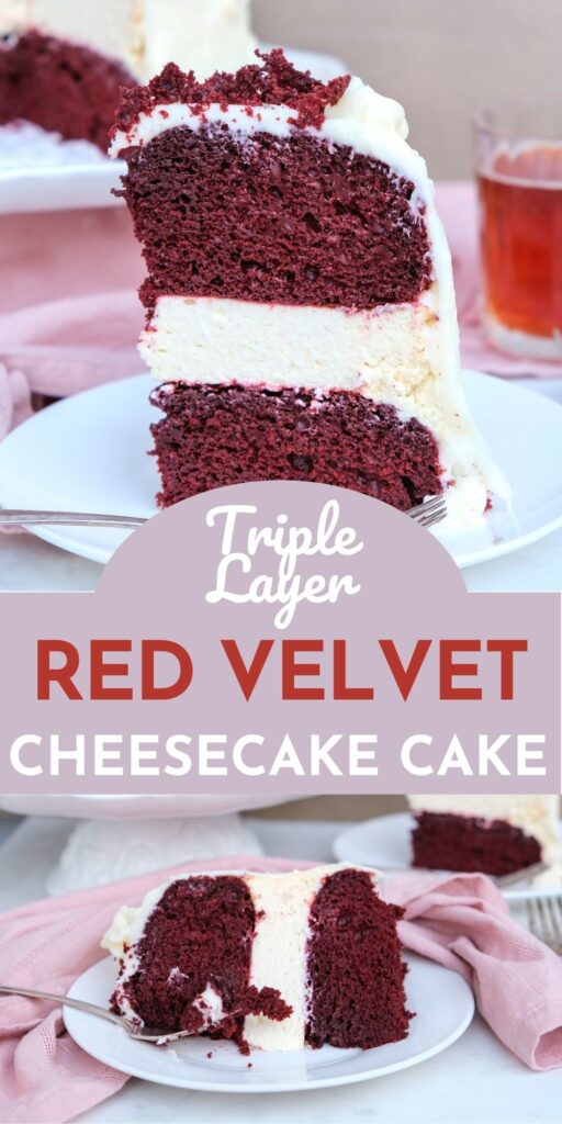 The ultimate triple layered cake - red velvet with cheesecake. Great cake for any special holiday or occasion. #RedVelvet #Cake #Recipe #HolidayDessert #Valentine