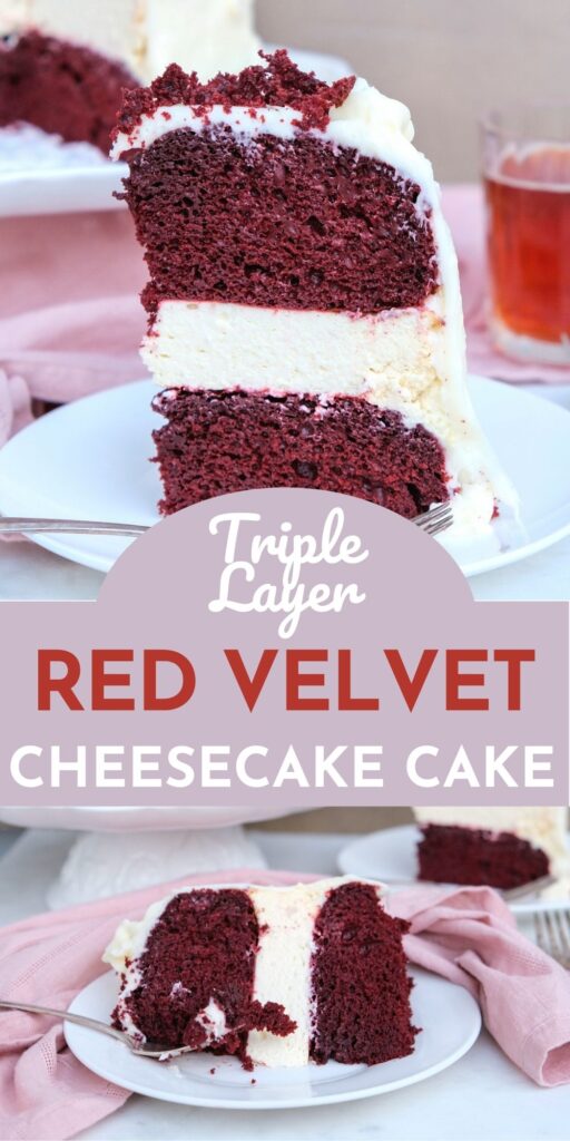 The ultimate triple layered cake - red velvet with cheesecake. Great cake for any special holiday or occasion. #RedVelvet #Cake #Recipe #HolidayDessert #Valentine