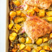 Sheet pan turkey dinner with vegetables.