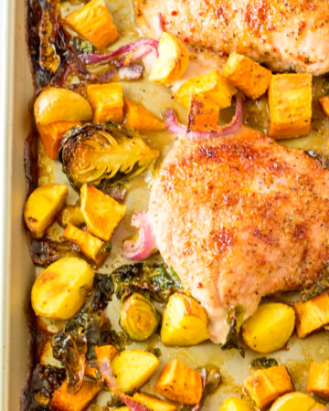 Sheet pan turkey dinner with vegetables.