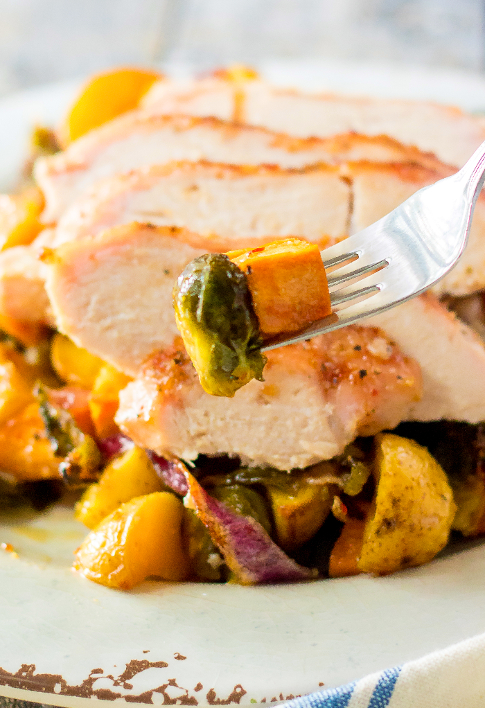 Forkful of vegetables from the turkey sheet pan dinner recipe.