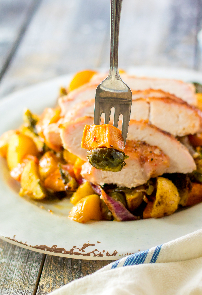 Close vies of turkey dinner with a fork spearing the vegetables. 