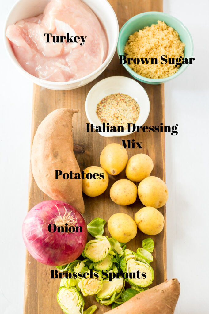 Ingredients to make sheet pan turkey dinner recipe.