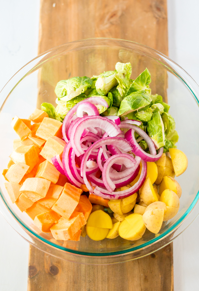 Chopped vegetables for easy sheet pan meal.