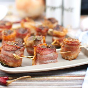 Steak bites wrapped in bacon ready to eat.