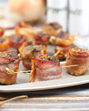 Steak bites wrapped in bacon ready to eat.
