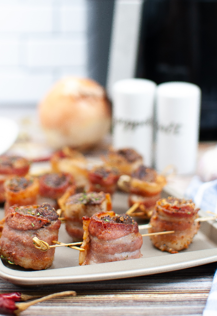 Steak bites wrapped in bacon that were cooked in an air fryer.