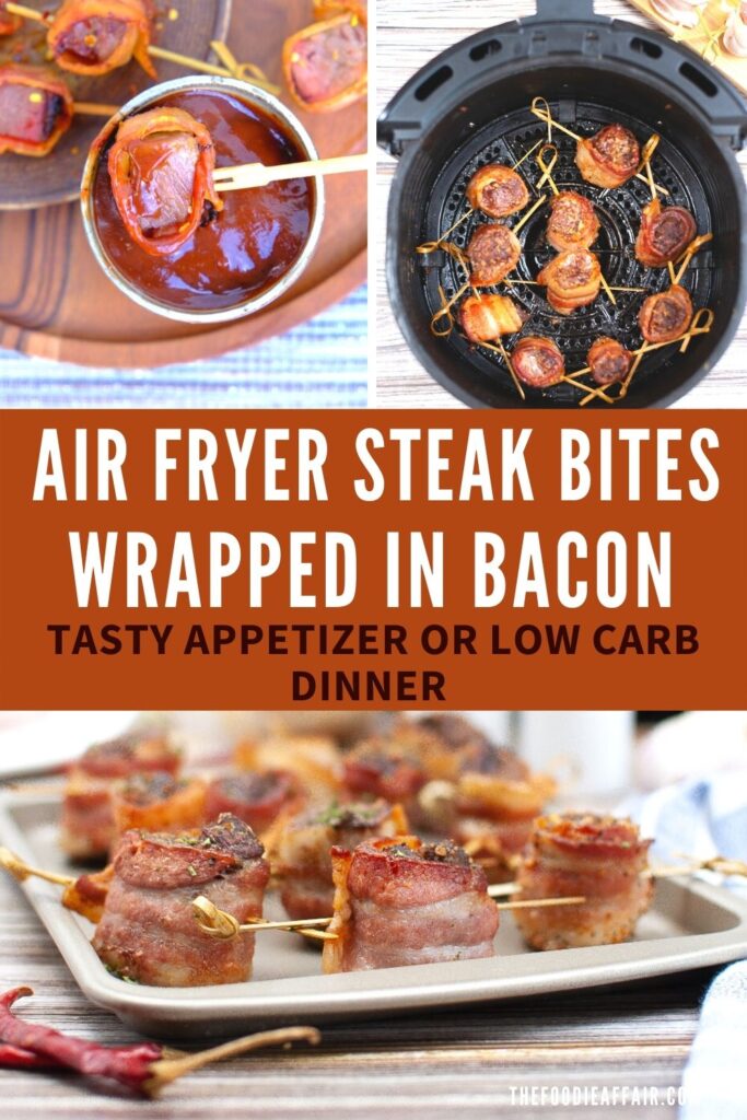 Air fryer steak bites wrapped in bacon. Serve as an appetizer or light low carb dinner. #AirFryer #SteakBites #Appetizer