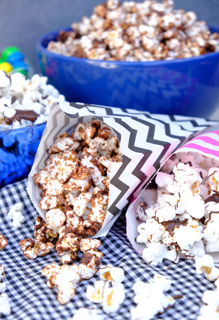 Homemade popcorn treats drizzled in chocolate. 