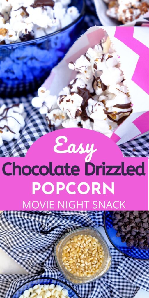 The ultimate sweet and salty snack! This chocolate drizzled popcorn come together quick. Just in time for movie night! #popcorn #snack #Chocolate