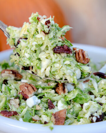 Shaved Brussel Sprout Salad recipe close view.