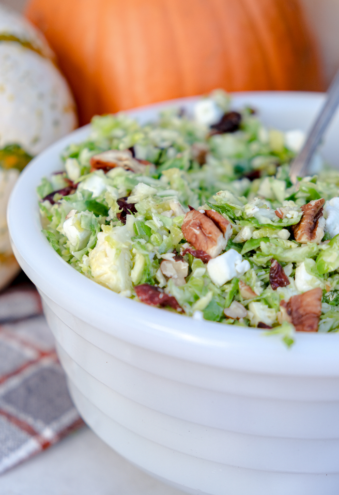 Shaved Brussel sprout salad ready to enjoy. 