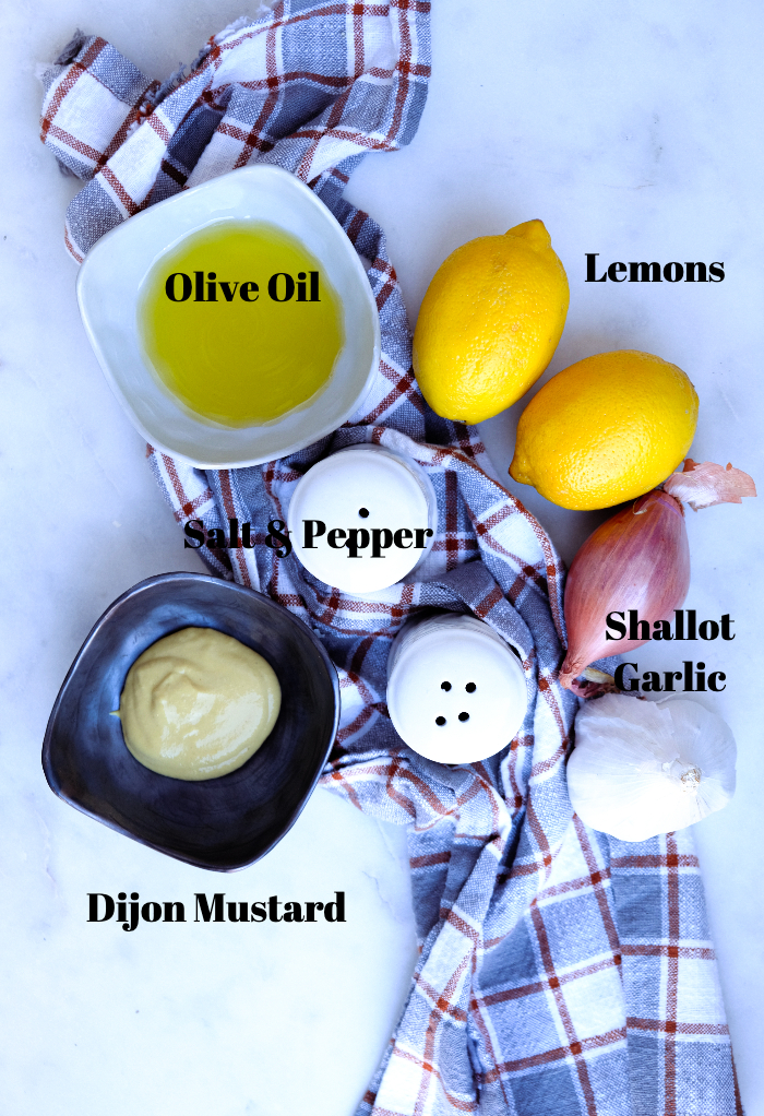 Ingredients to make dijon lemon vinaigrette for Brussel sprout salad.