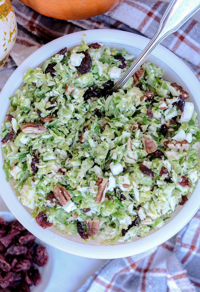 Top view of shaved Brussel sprout Salad in a white bowl.