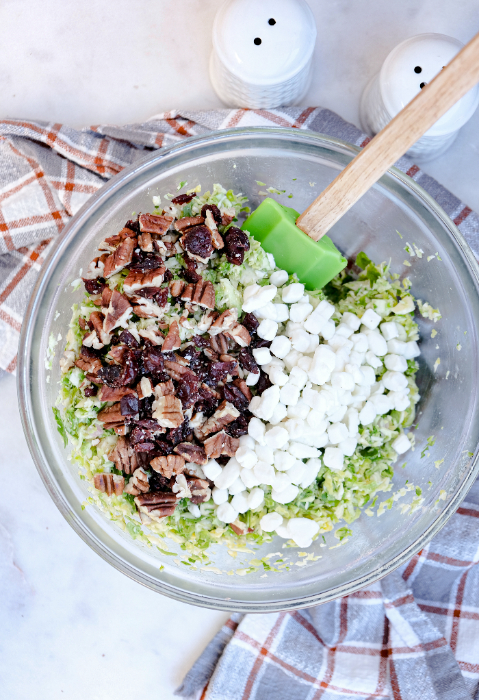 Toppings added to Brussels sprouts salad.