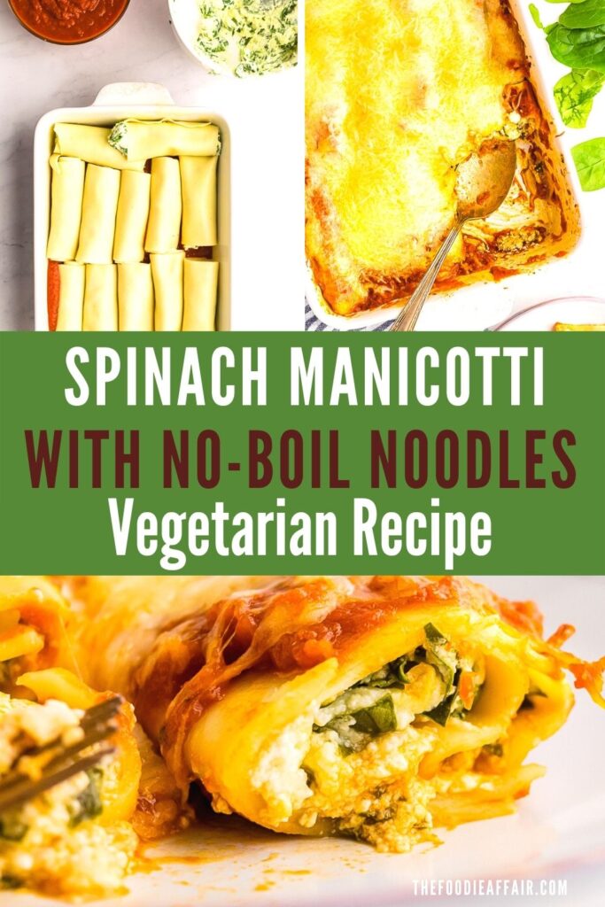 Cheese and spinach manicotti with a homemade marinara sauce. This easy recipe uses no-boil noodles for a quick way to assemble this dish. #no-boil #manicotti #vegetarian #Recipe