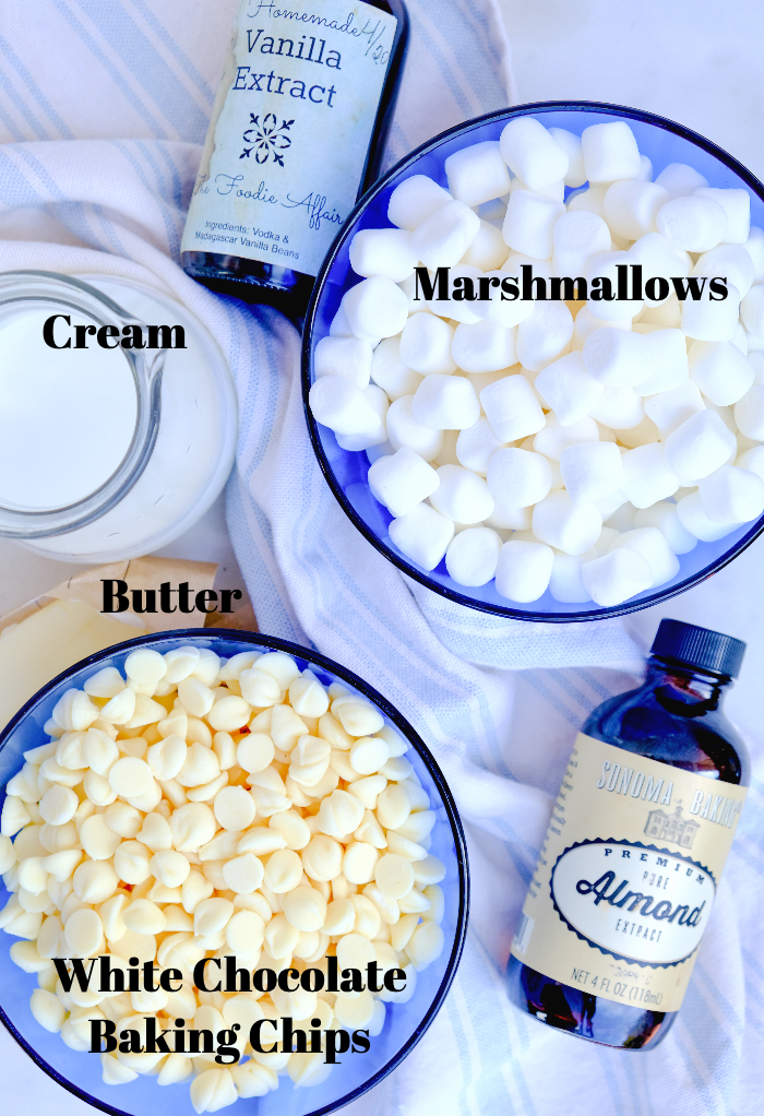 Ingredients to make no bake white chocolate fudge. 