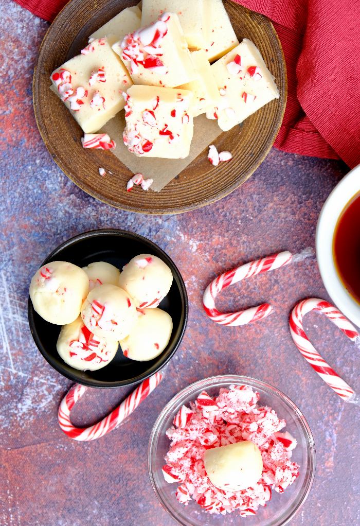 Top view of white chocolate peppermint fudge. 