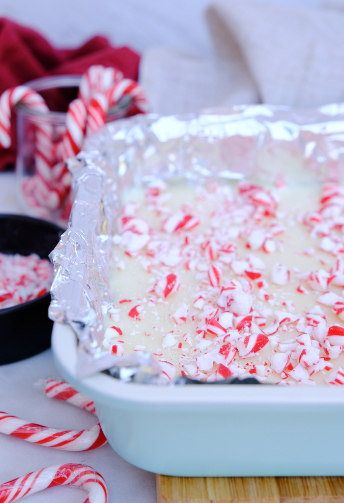 White peppermint fudge topped with chopped candy canes. 