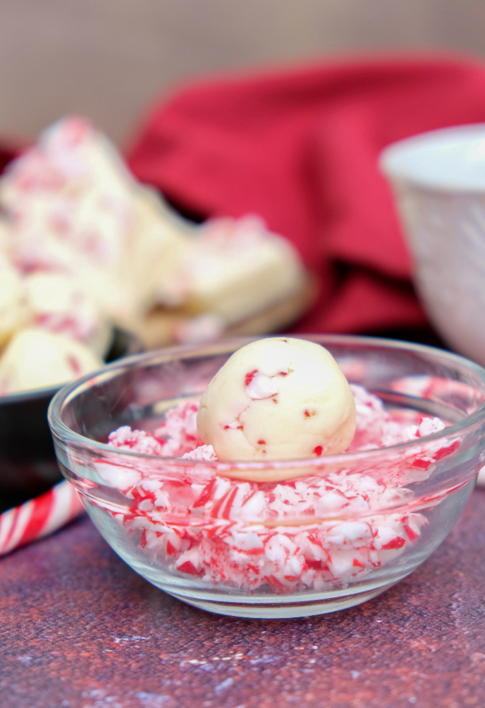 Crushed candy canes in a clear small bowl with a ball of fudge.